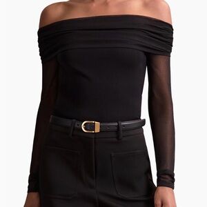 REISS Off-Shoulder Black Sheer Sleeve Top
